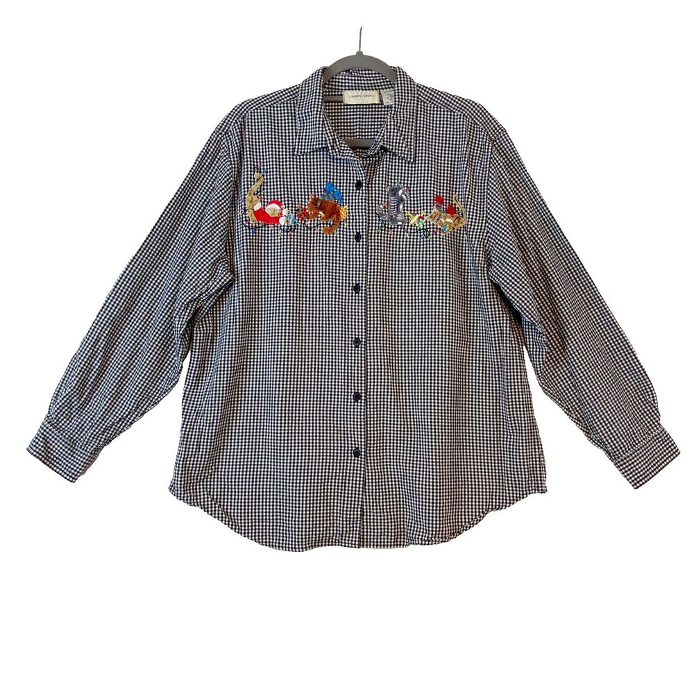 VTG‎ Lemon Grass Button Up Top Women's XL Christmas Cats Gingham Embroidered